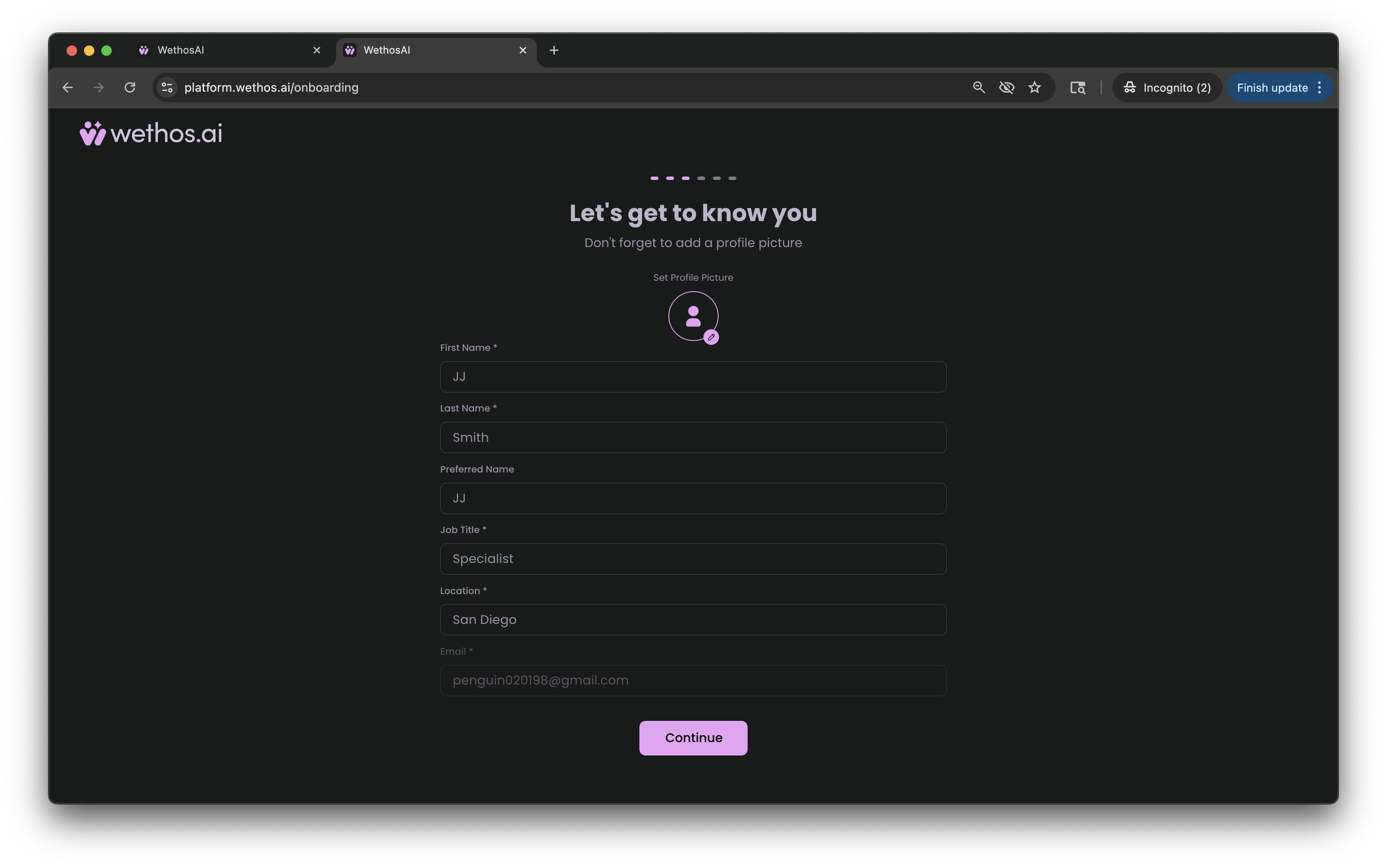 The profile form during setup