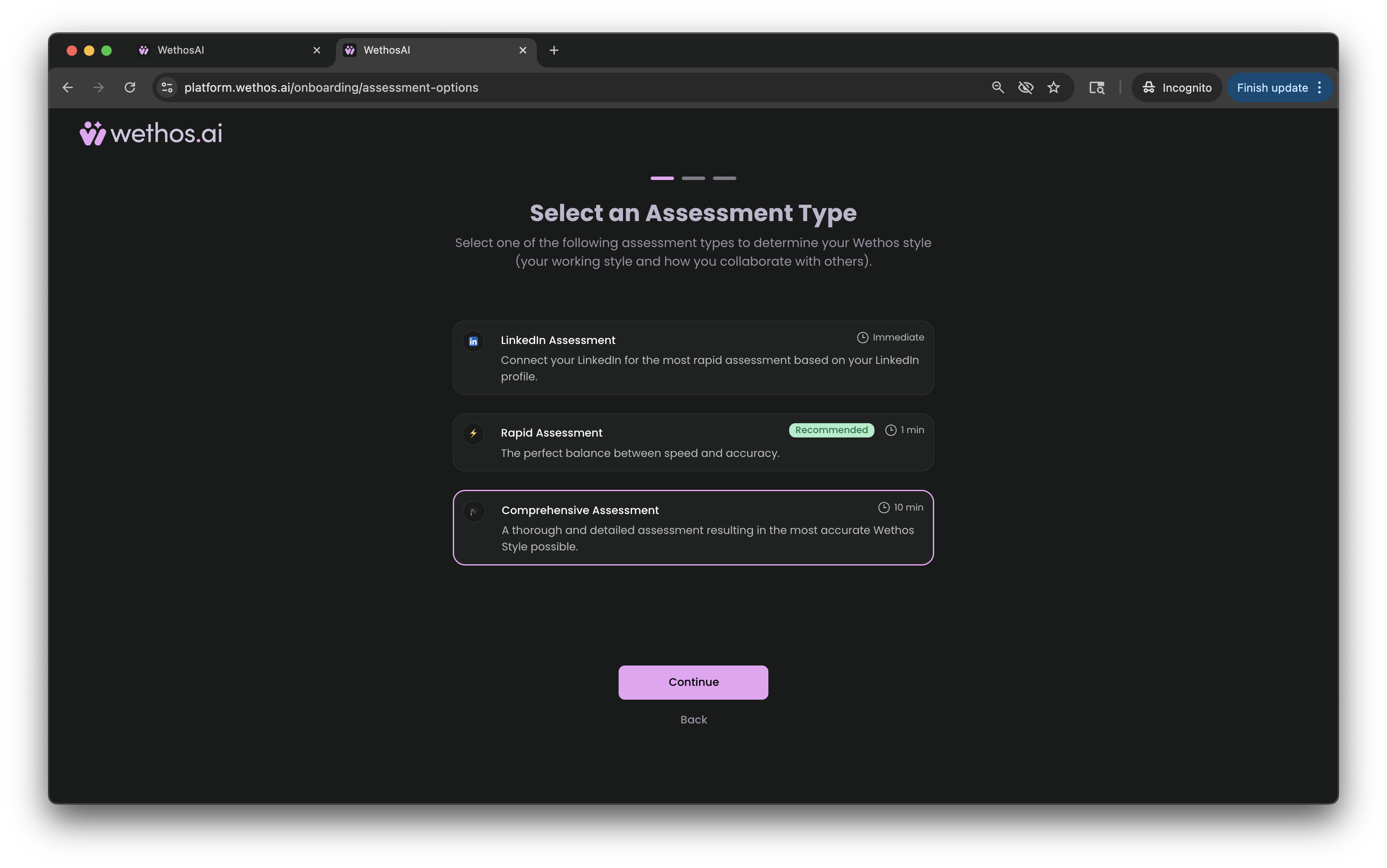 The Select an Assessment Type screen, with the LinkedIn, short and full options