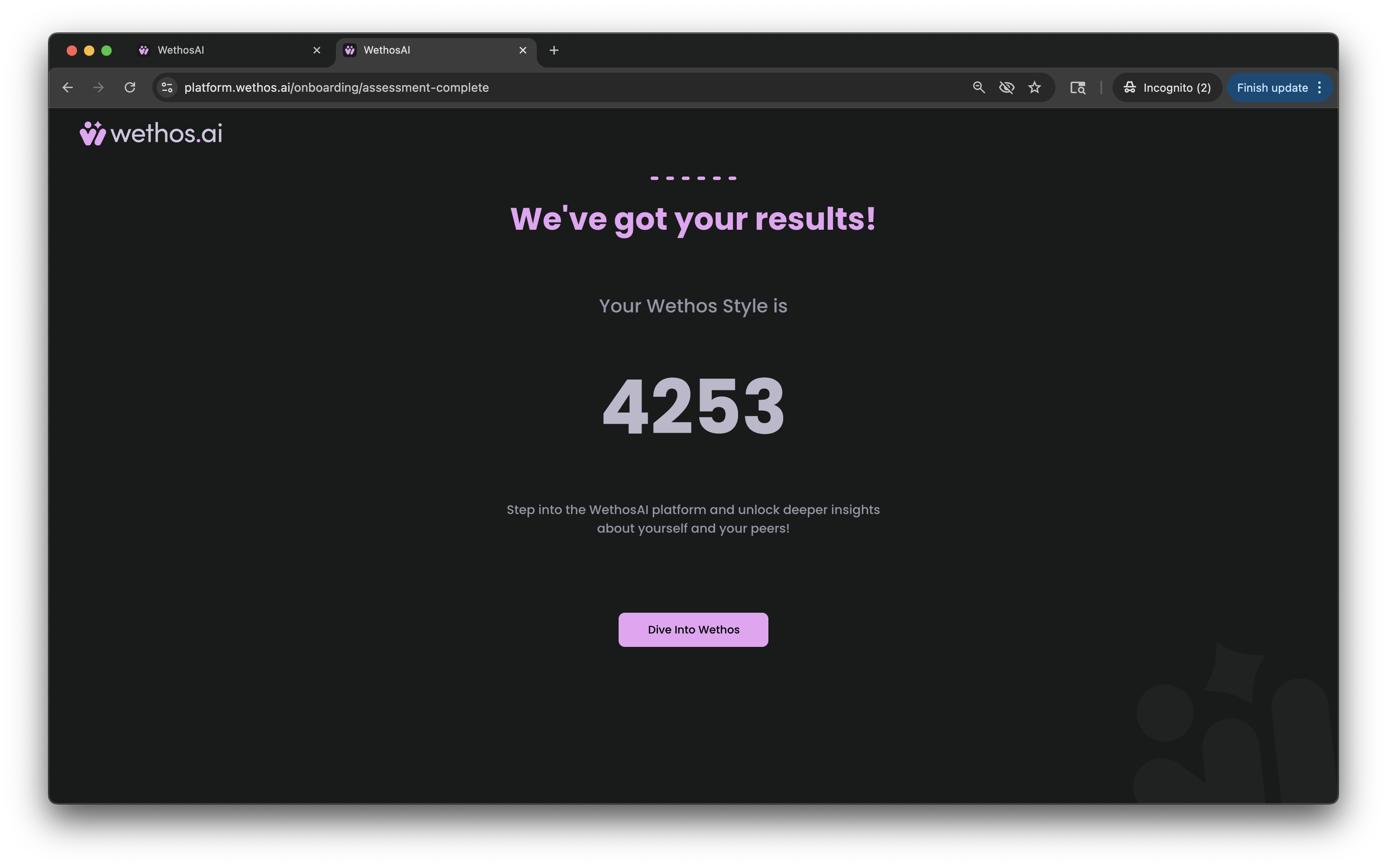 The results screen after building a profile, showing the four-digit summary