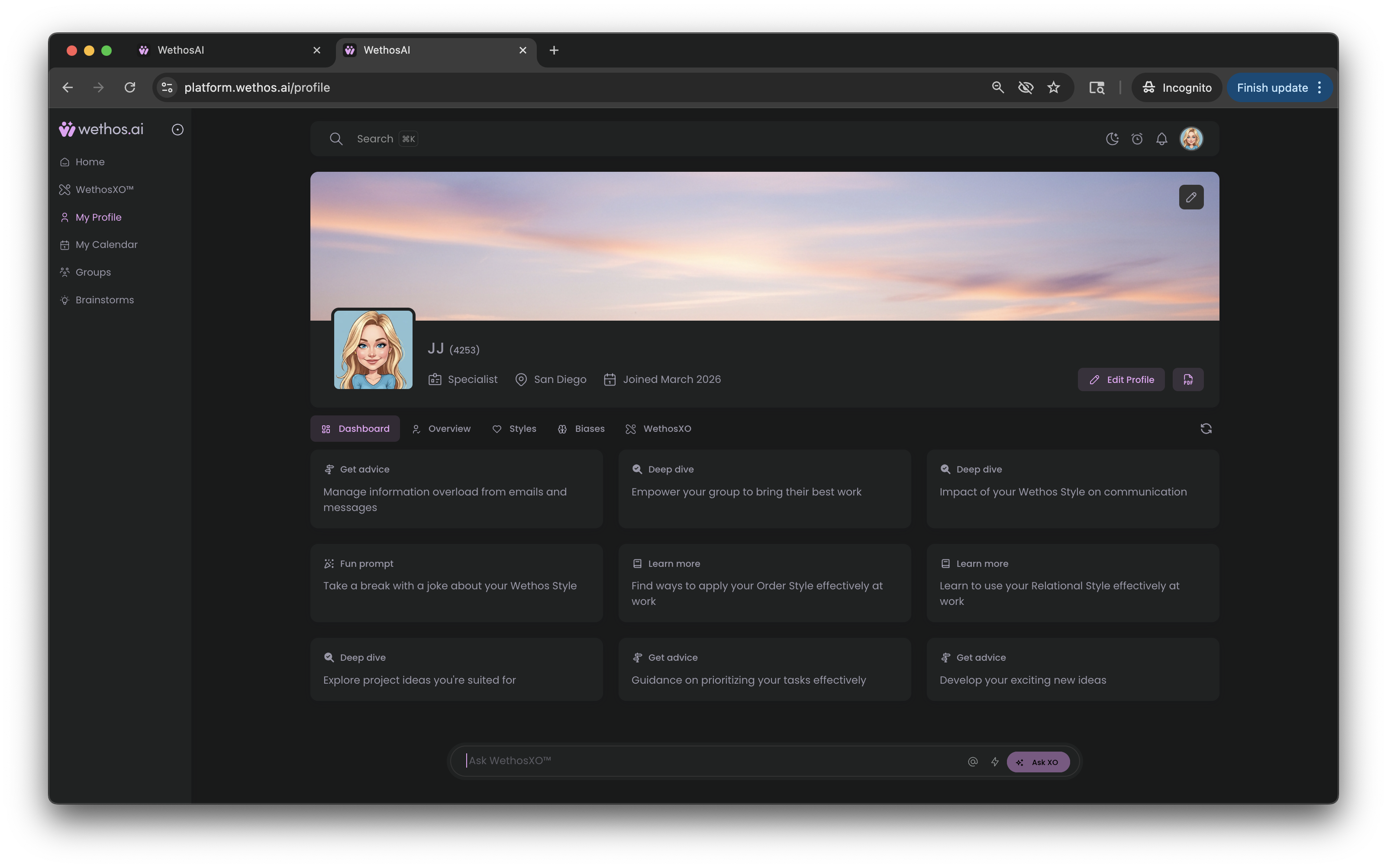 Your profile page, with XO available in its own tab