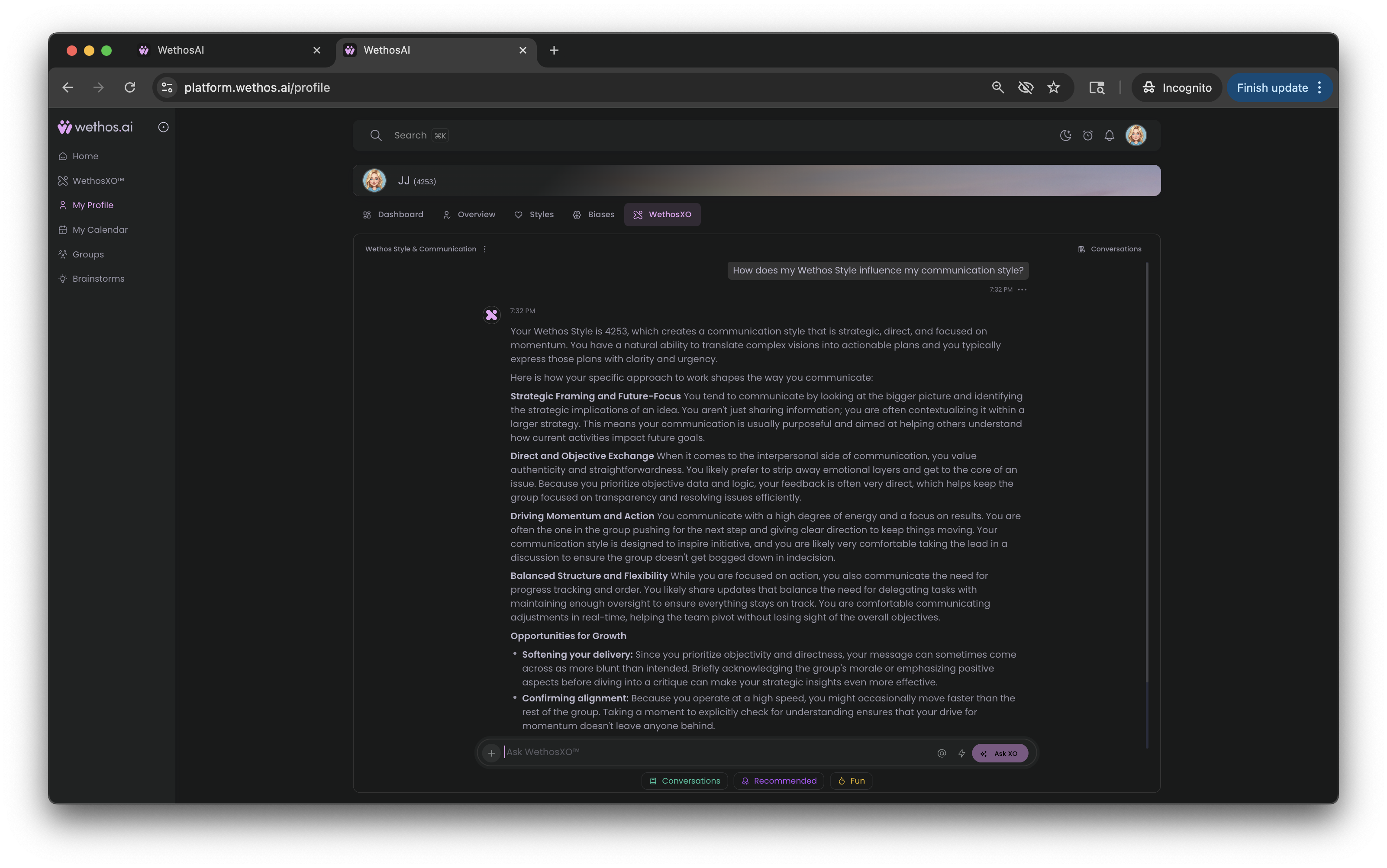 A conversation with XO on the profile page