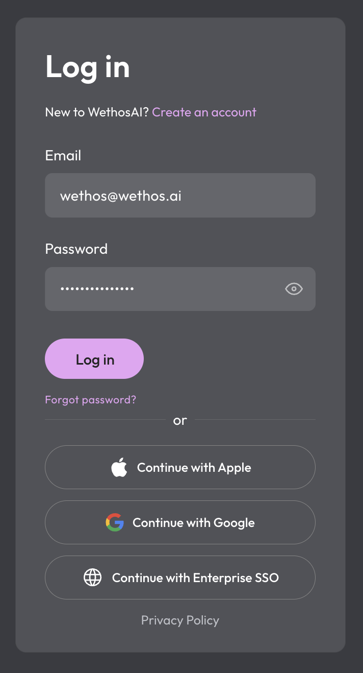 The log in screen