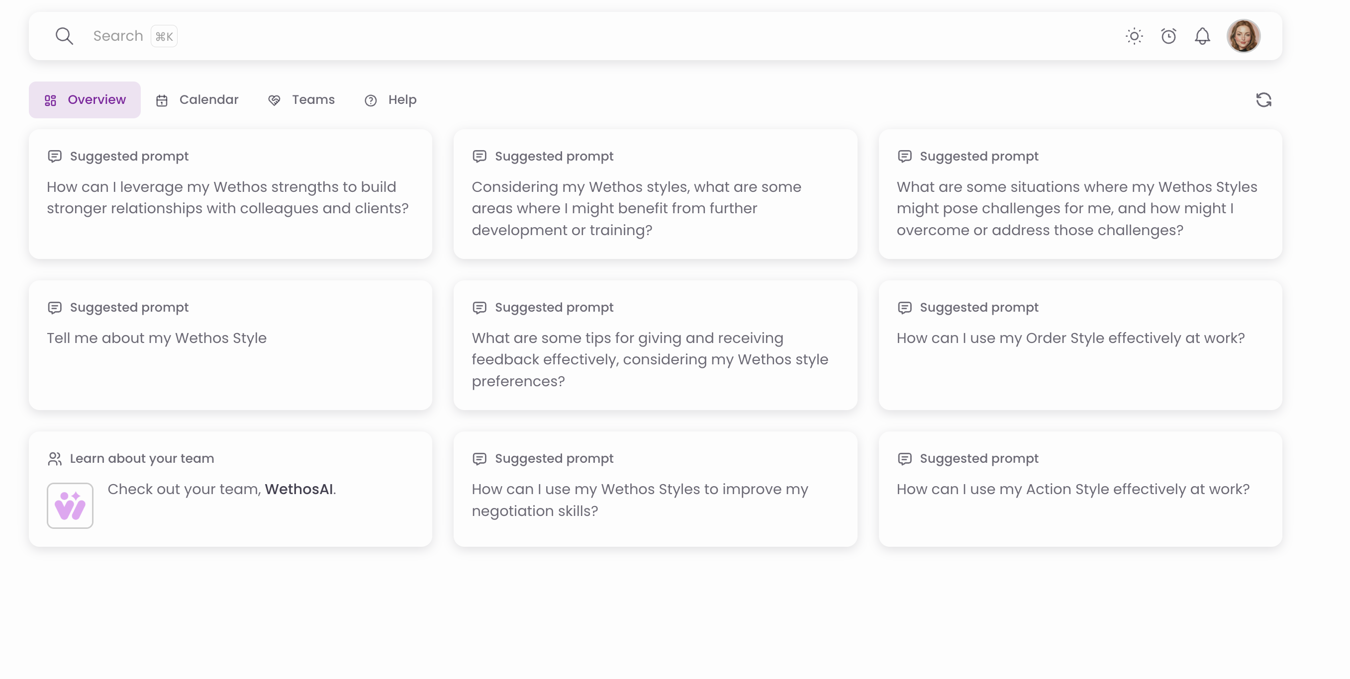 The home page after signing in, with prompt cards