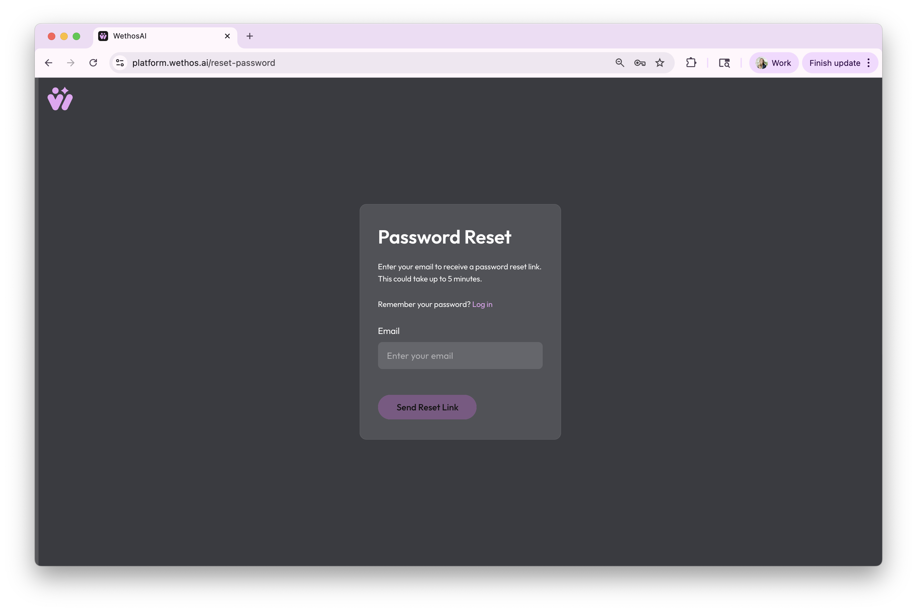 The Password Reset screen, asking for your email