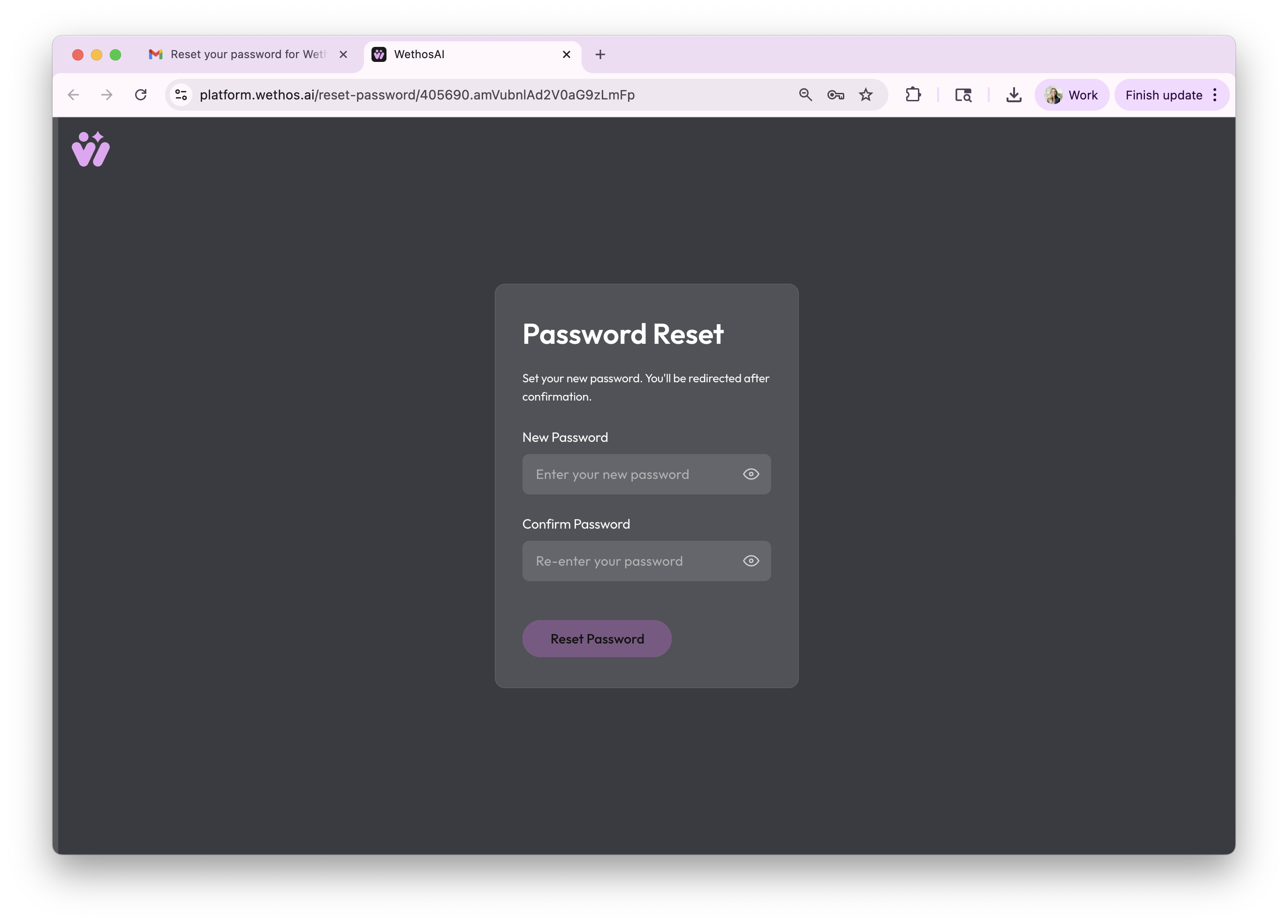 The Password Reset screen, asking for a new password and its confirmation