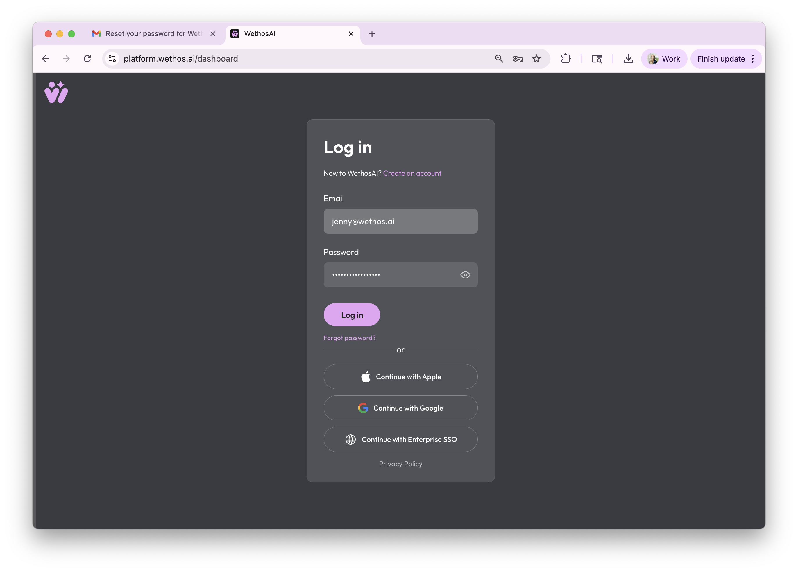 The log in screen